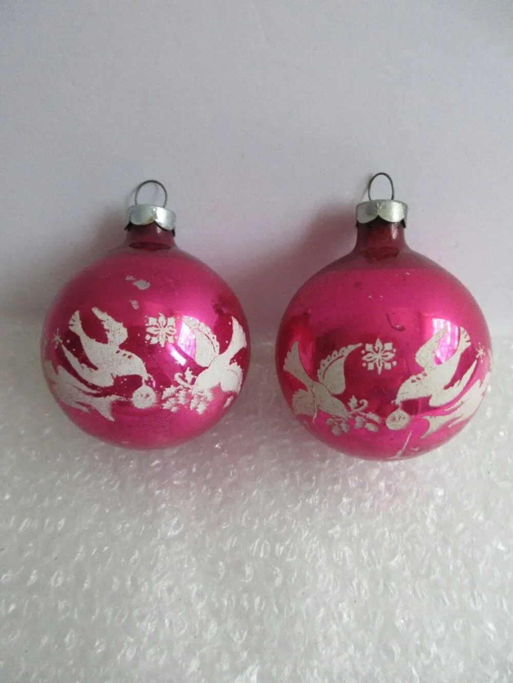 Dove Stencil Glass Christmas Ornament Lot of 2 Pink Fuschia Vtg Franke Corning?